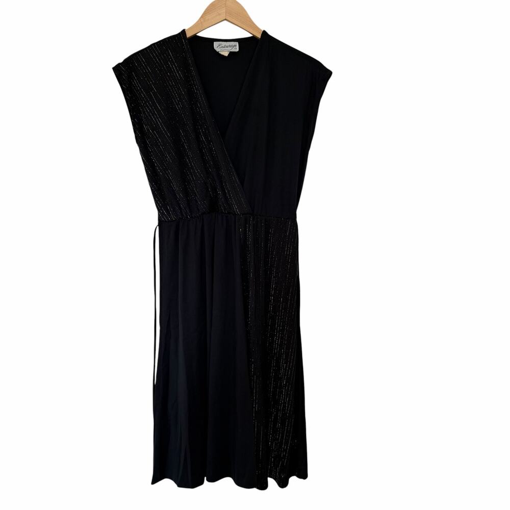 Vintage Entourage Black Surplice Cap Sleeve Dress Sz S